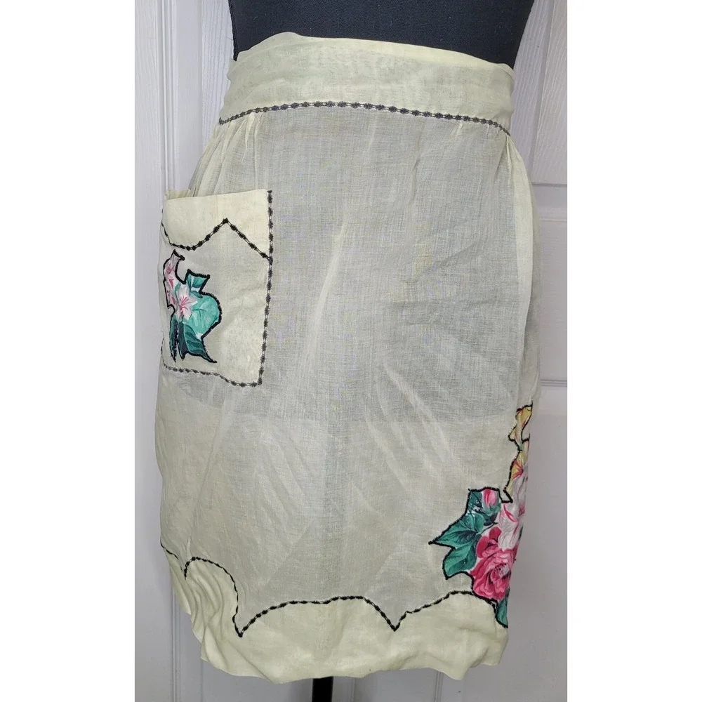 Vintage 1950's Half Apron Hostess Cook Yellow Sheer Embroidery Grannycore Unique
